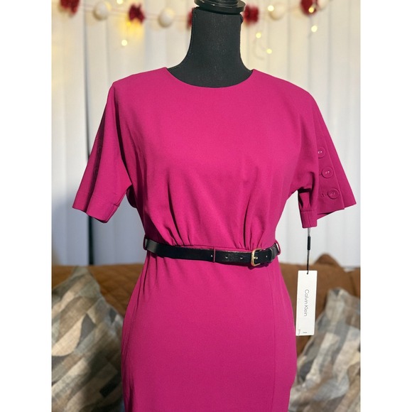 Calvin Klein Womens Berry Pink Belted Sheath Dress CD2C1Q2G Short Sleeve Size 4 - Picture 2 of 8